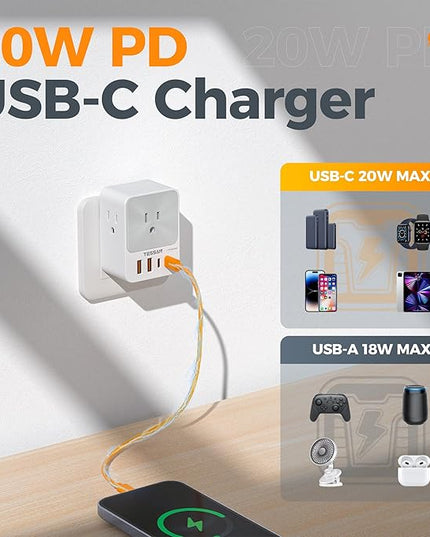 USB C Charger Block 20W PD, TESSAN 4 USB Wall Charger Fast Charging with 3 Outlet Extender Surge Protector, 3 Side Multi Port Adapter, Electric Multiple Outlet Plug for Home Office Dorm Room