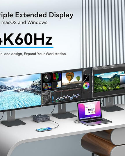 Thunderbolt Docking Station 4K@60Hz 3 Monitors for M1 M2 M3 M4 MacBook/Air with DisplayLink Technology,19-in-1 USB C Dock with 2 HDMI & 2 DisplayPort,PD 100W/USB 3.2 10G USB/Ethernet/Card Readers