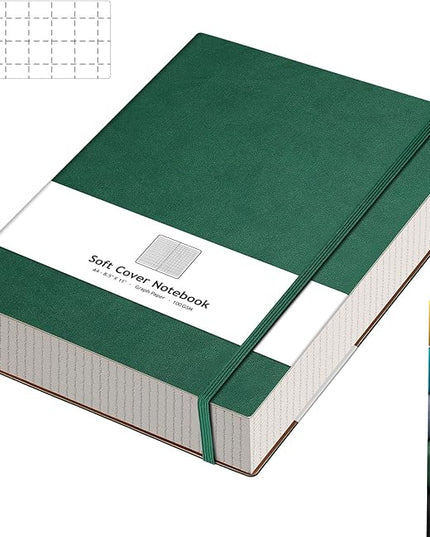 AHGXG Graph Paper Notebook - Grid Paper Notebook Large A4 8.5''×11'', 320 Pages Thick Journal, 100gsm Thick Graph Paper, Leather Softcover, Inner Pocket - Green