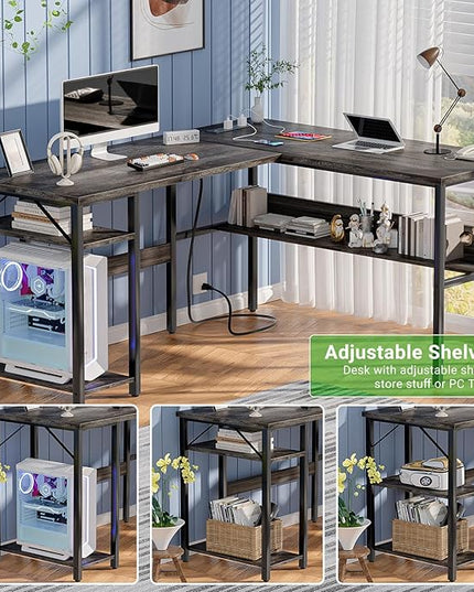 Unikito Reversible L Shaped Desk with Magic Power Outlets and USB Charging Ports, Sturdy Corner Computer Desk with Storage Shelves, Gaming Desk for Home Office, Easy to Assemble, Black Oak