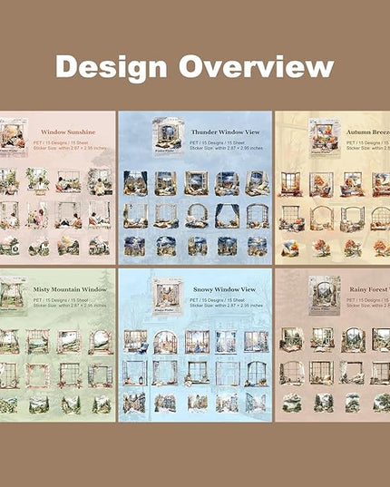 AuriicLeaf Weather Window PET Stickers, 90PCS Large Window Scenery Designs - Cozy Seasonal Views for Scrapbook Journals Planners DIY Decor
