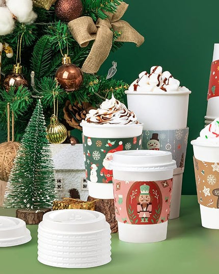 Fit Meal Prep 50 Pack 12 oz Christmas Disposable Coffee Cups with Lids, Sleeves, Leak-Proof To Go Coffee Cups with Lids, Durable Holiday Hot Paper Cups for Home, Office, Party, Business