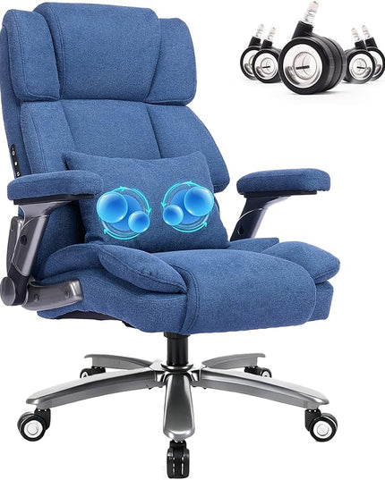 750lbs Heavy Duty Desk Chair with 3D Kneading Massage, Big and Tall Office Chairs with Ergonomic Support, 4D Armrests, 5 Quiet Dual Rubber Wheel, Thick Pocket Spring Cushion(Blue, Fabric)