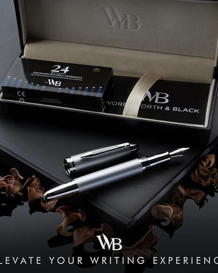 Wordsworth & Black Majesti Fountain Pen-(Silver), Luxury Case, 24K Gold Finish; 18K Gilded Medium Nib- Ink Cartridges, Refillable Ink Converter-Calligraphy Pen-Best Business Gift Set for Men & Women