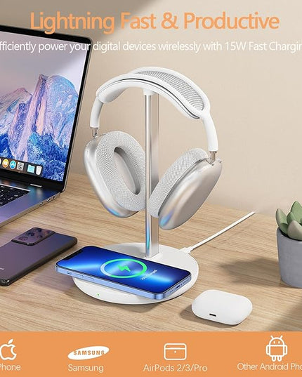 Headphone Stand with Wireless Charger, Gaming Headset Holder Hanger Rack 2 in 1 Wireless Charging Station Dock for iPhone 15/14/13/12/11 Series, AirPods Pro/3/2 and Desk All Headphones, White