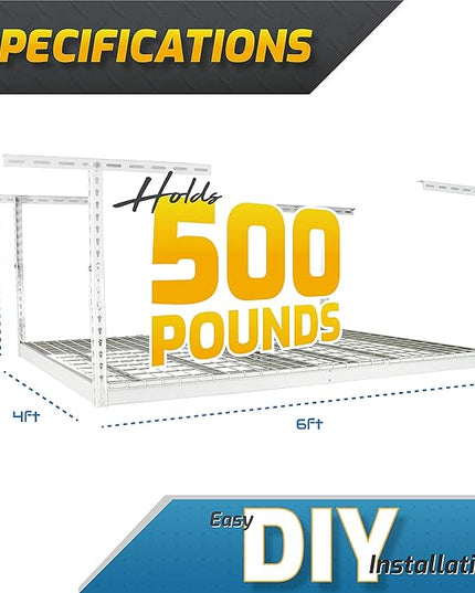 MonsterRax Overhead Garage Storage Racks 4x6, Ceiling Mounted Shelving, Adjustable Hanging Storage Organizer, Heavy Duty Steel, Holds 500 Pounds, Color: White, Adjusts 12"-21” off Ceiling