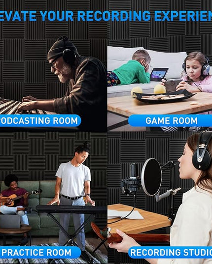Focusound 120 Pack Acoustic Foam Panels 1" x 12" x 12" Sound Proof Foam Panels Soundproofing Noise Cancelling Wedge Panels for Home Office Recoding Studio with 600 PCS Double-Side Adhesive