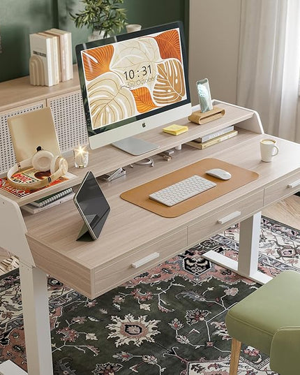FEZIBO Electric Standing Desk with Drawers, 48x24 Inch Standing Desk Adjustable Height, Stand Up with Monitor Shelf, Sit Stand Home Office Desk, Light Walnut