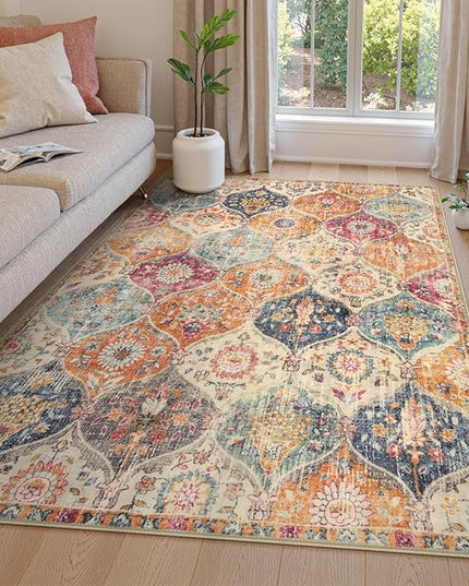 Lahome Moroccan Machine Washable Rugs for Living Room, 4x6 Rug for Bedroom Non-Slip Vintage Trellis Ultra-Thin Throw Carpet for Dining Room Office Nursery, Cream/Multi