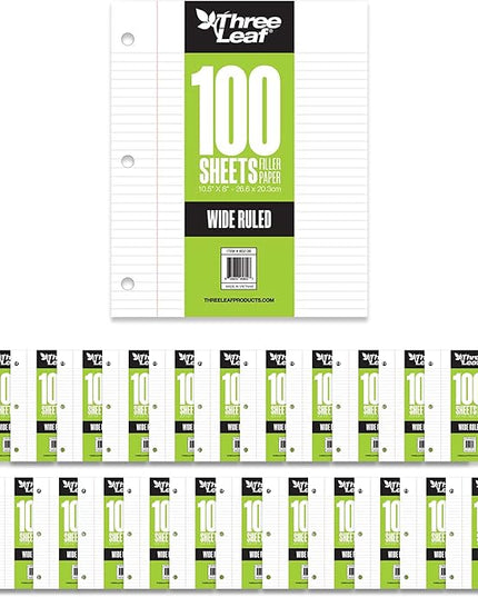 THREE LEAF 100 SHEETS WIDE RULED FILLER PAPER, PACK OF 24, LOOSE-LEAF SHEETS FOR SCHOOL AND OFFICE 100 CT. FILLER PAPER, NOTEBOOK PAPER