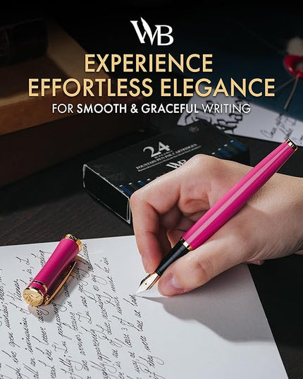 Wordsworth & Black Fountain Pen Set, Medium Nib, Includes 24 Ink Cartridges and Ink Refill Converter, Gift Case, Journaling, Calligraphy, Smooth Writing Pens [Hot Pink], Perfect for Men and Women