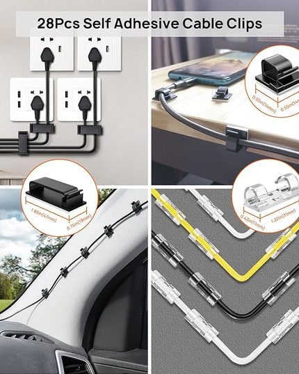 Cable Management Kit - 4 Cable Sleeve, 57 Self Adhesive Cable Clips, 12 Hanging Strips, 12 Cable Organizer Straps and 100 Fastening Cable Ties for TV Computer Under Desk (Black and White)