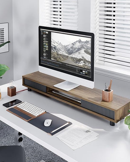 Fenge Dual Monitor Stand, 42.5inch Long Monitor Stands Riser for 2 Monitors, Sliding Door with Storage Organizer Stand for Desk, 2 Tier Desk Shelf for Laptop, Pc, Printer, Computer, TV
