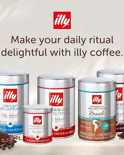 illy Ground Espresso Coffee, Classico Medium Roast, 100% Arabica, Premium Italian Coffee, Pre-Ground for Espresso Machines, 8.8oz, 6 Pack