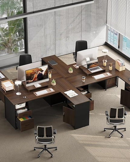 Bestier L Shaped Desk with File Drawers, 63" x 47" Office Computer Desk with Storage Cabinet, Corner Desk with Monitor Stand & Modesty Panel for Home Office, Cherry