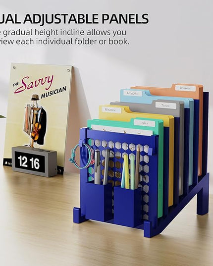 File Organizer for Desk with Storage Box & Hook, Inclined Desk File Organizer with 5-Section Vertical File Holder suitable for Home Office Document Organization