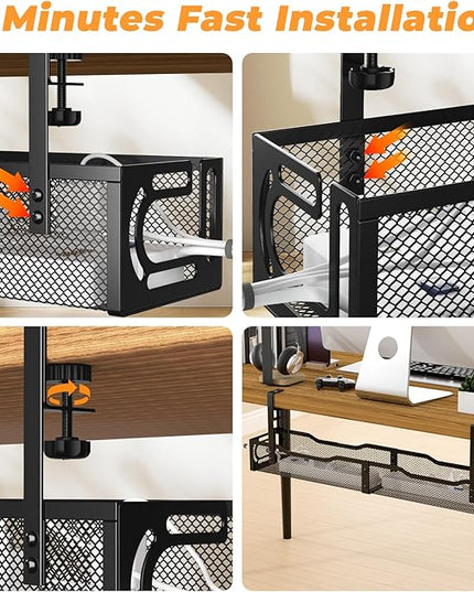 Under Desk Cable Management Tray, No Drill Steel Desk Cable Organizers, Wire Management Tray Cable Management Rack (24.4" Length-Black)