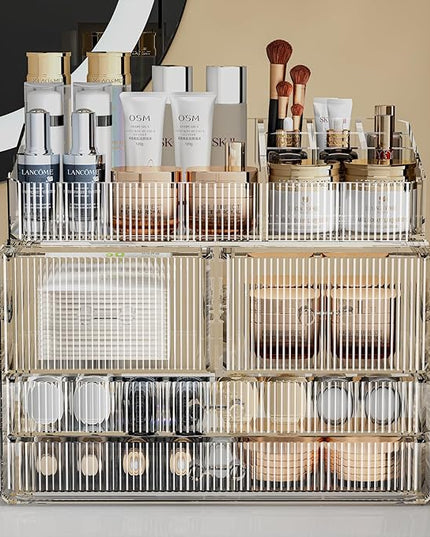 ZHIAI Stackable Storage Drawers, Acrylic Bathroom Counter Organizer Clear Makeup Organizers for Vanity, Kitchen Cabinets, Bathroom, Undersink, Home Organization and Storage (1 Top 4 Drawers D)