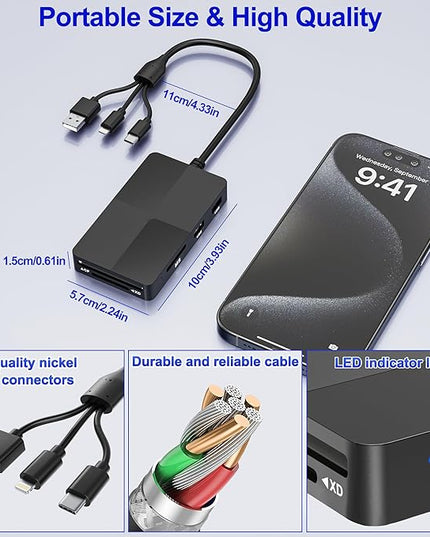 Memory Stick Pro Duo Reader Adapter, 8 in 1 SD/MS/TF/CF/XD Card Reader with 3 USB 2.0 Ports, L-ightning+USB A+USB C, Multi Memory Card Reader Support OTG, Fast Data Transfer