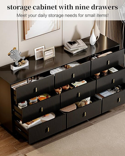 Chrangmay Modern Chest of Drawers with 9 Drawers,Deep Drawers,Clothes Organizer,Large Storage Cabinet for Living Room, Bedroom,Hallway,with Anti-Tipping Device,Dark