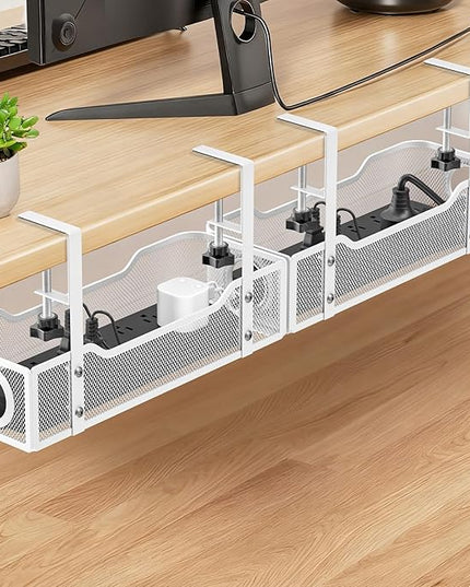 Under Desk Cable Management Tray - GZOKMOG No Drill Cord Organizer with Clamp, Workspace Organizers for Cords, Metal Mesh Wire Management for Home and Office, 2 Pack White, 13.38 inch