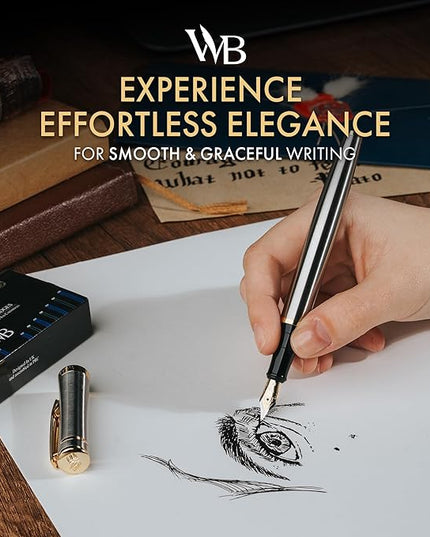 Wordsworth & Black Fountain Pen Set, 18K Gilded Extra Fine Nib, Includes 24 Pack Ink Cartridges, Ink Refill Converter & Gift Box, Gold Finish, Calligraphy, [Silver Gold], Perfect for Men & Women