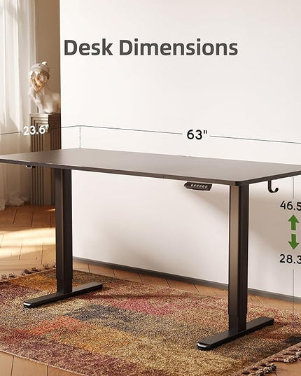 INNOVAR Electric Standing Desk, Adjustable Height Stand up Desks, 63 x 24 Inches Sit Stand up Desk for Home Office Computing, 3-Preset Memory Height Ergonomic Rising Desks, Black
