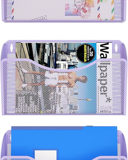 EasyPAG 3 Single Pocket Wall File Organizer, Mesh Hanging File Folder Organizer for Letter/A4 Size Folders, Wall Mounted Vertical Mail Holder for Paperwork, Office, Home, School, Purple