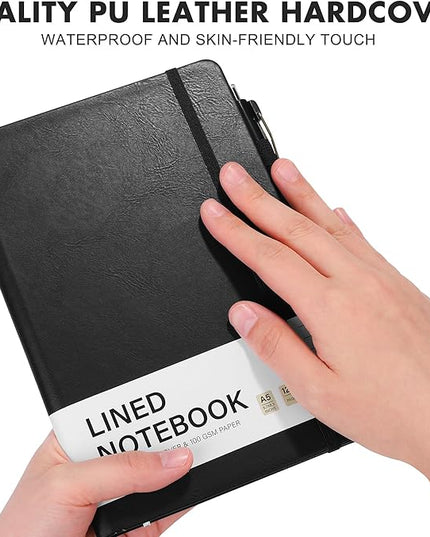 Aodaer 1 Set Lined Notebook Journal with Pen A5 Notebooks 100 GSM College Ruled Hardcover Notebook PU Leather Notepad with Pen Holder for Office School, 5.7 x 8.3 Inches, Black