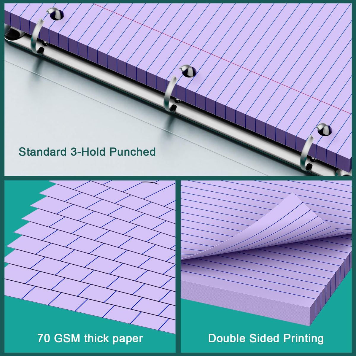 Purple Note Pads 8 X 10.5 Loose Leaf Paper, 120Sheets, 3 Hole Punched Lined Paper, College Ruled 8 X 10.5 Notebooks, 10-1/2" X 8 Binder Writing Pads, Filler Paper for Office, School Supplies