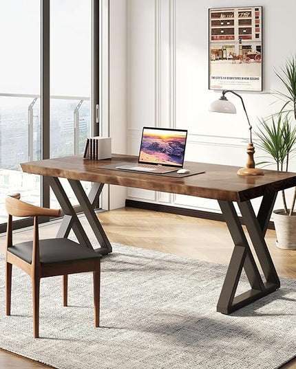 Solid Wood Desk 55 inches, Home Office Computer Desk Wooden Rustic Writing Desk Metal Modern Simple Design Executive Real Wood Desk(Rustic Brown)