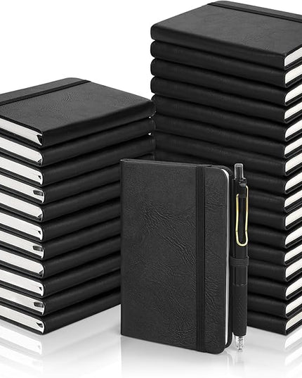 Aodaer 50 Sets Pocket Notebook Journal with Pens, 160 Pages, 3.5 x 5.5 Inch Mini Lined Journal Notebook A6 Leather Hardcover College Ruled Notepad with Pen Holder for School Office Gifts, Black