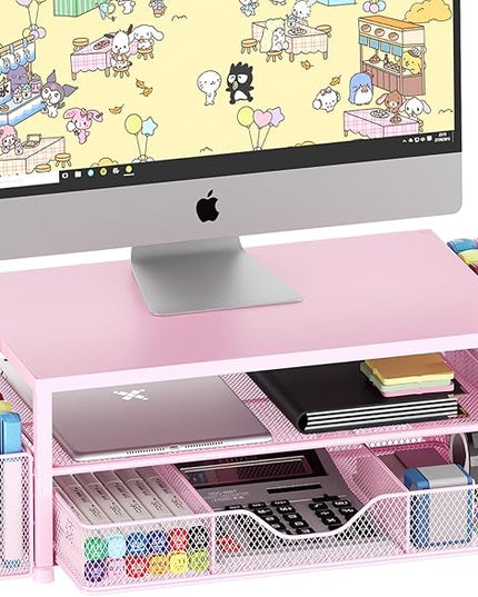 OPNICE Desk Organizers and Accessories, 2-Tier Computer Monitor Stand Riser with Drawer and 2 Pen Holders, Laptop Stand, Office Desk Accessories & Office Decor for Women, Pink