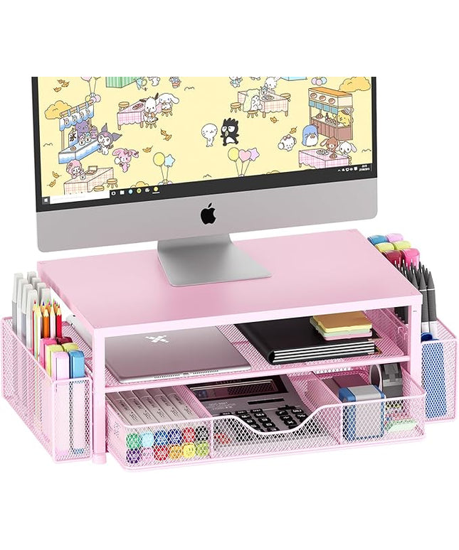 OPNICE Desk Organizers and Accessories, 2-Tier Computer Monitor Stand Riser with Drawer and 2 Pen Holders, Laptop Stand, Office Desk Accessories & Office Decor for Women, Pink
