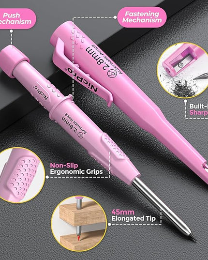 Nicpro CP3000 Carpenter Pencil with Sharpener, Construction Mechanical Pencils with 19 Refills, Heavy Duty Construction Pencil, Pink Woodworking Tools For Women, Great for Marking On Wood, Metal