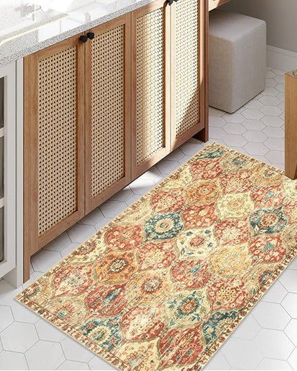 Lahome Kitchen Rugs Non Slip Washable Rugs for Entryway, 2x4 Rug Non-Slip Moroccan Trellis Ultra-Thin Indoor Door Mat Small Carpet for Bathroom Bedroom Entry, Red/Orange