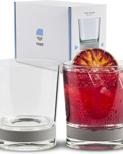 Coast Glassware The Short – Patented Lowball Tumbler with Built-In Stone Coaster Base – Absorbent, Surface-Protecting Whiskey & Cocktail Glasses – Premium Gift Pack (Set of 2) - 10 oz