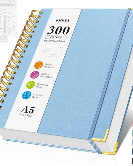 Bullet Dotted Journal Spiral Notebook, 300 Pages Leather Notebooks with Contens, 120 GSM Thick No Bleed Through Paper Journals, A5 Dot Grid Notebook for Women Men Work Writing, 5.5" x 8", Light Blue