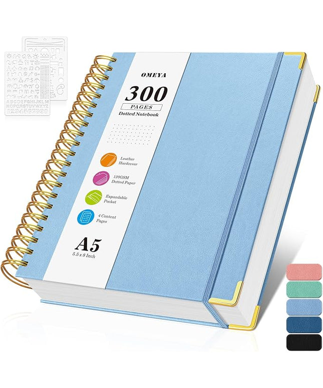 Bullet Dotted Journal Spiral Notebook, 300 Pages Leather Notebooks with Contens, 120 GSM Thick No Bleed Through Paper Journals, A5 Dot Grid Notebook for Women Men Work Writing, 5.5" x 8", Light Blue