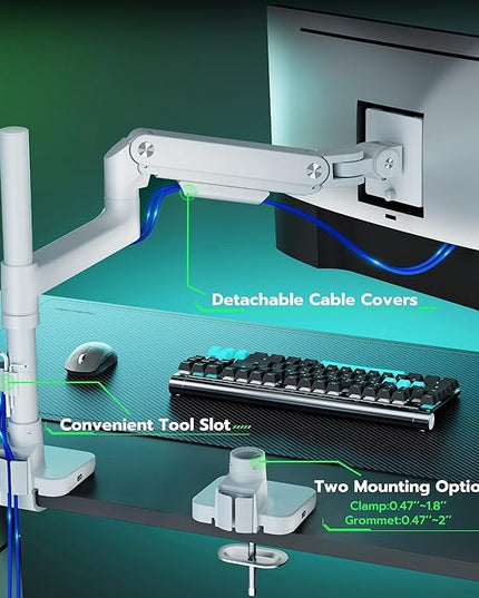 ARES WING Heavy Duty Monitor Arm with USB A/C, Tall Ultrawide Monitor Arm for 17 to 49 inch Screen, Holds 44 lbs, Adjustable Gas Spring Desk Mount, White