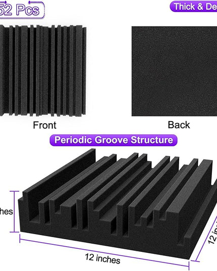 TroyStudio Thick Acoustic Foam Panels, 12 X 12 X 2 Inch 52 Pcs Broadband Sound Absorbing Foam, Dense Soundproof Padding Tile, Recording Studio Foam Absorber, Groove Decorative 3D Wall Ceiling Panel
