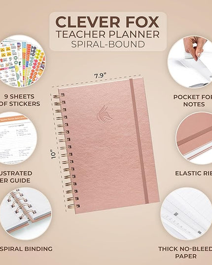 Clever Fox Teacher Planner Spiral – School Year Planner with Calendars & Lesson Plans – Teacher Plan Book for Classroom & Homeschool Organization - Undated, 7.9x10″ (Rose Gold)
