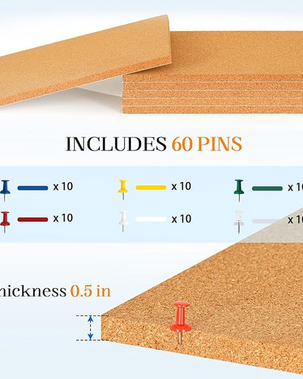 DOLLAR BOSS Cork Board Tiles, 6 Packs 12" x 12" 1/2" Thick Cork Bulletin Board Self Adhesive Corkboards for Walls with 60 Pushpins for Home Office Kitchen School Decor Display