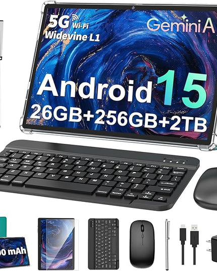 PYNAREL Android Tablet with Keyboard, 26GB+256GB, 2TB Expand, Android 15 Tablet 10 inch with Octa-Core, 8000mAh, 5G WiFi, BT5.0, Widevine L1, Split Screen, Case, Mouse, Stylus(Green Case)