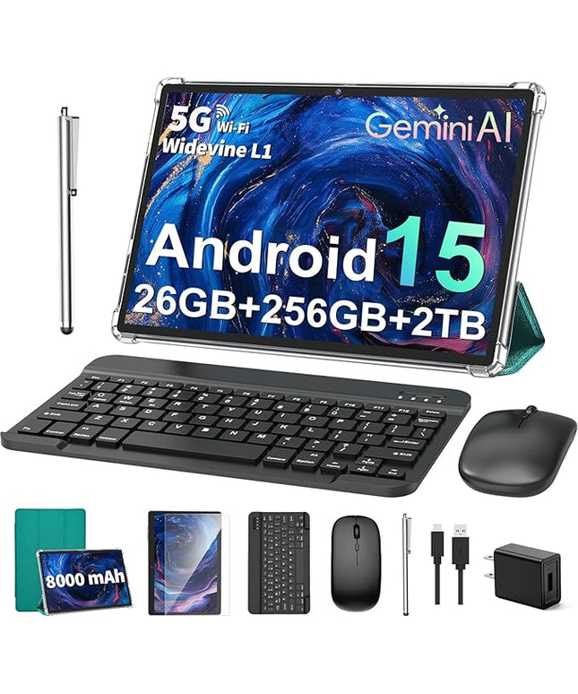PYNAREL Android Tablet with Keyboard, 26GB+256GB, 2TB Expand, Android 15 Tablet 10 inch with Octa-Core, 8000mAh, 5G WiFi, BT5.0, Widevine L1, Split Screen, Case, Mouse, Stylus(Green Case)