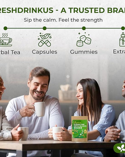 FreshDrinkUS, Evening Time Herbal Tea – 30 Tea Bags – Caffeine-Free Blend with Senna, Peppermint, Chamomile, Licorice, Ginger, Reishi Mushroom – Relaxing Herbal Infusion – Non-GMO & Natural