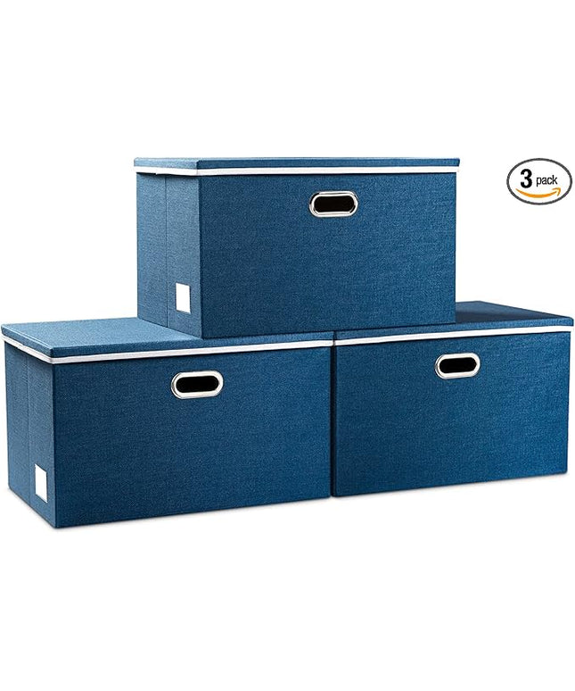 PRANDOM Extra Large Collapsible Storage Bins with Lids [3-Pack] Linen Fabric Foldable Storage Baskets Boxes Organizer Containers Cube with Cover for Bedroom Closet Office Nursery (22.8x15.75x13.8)