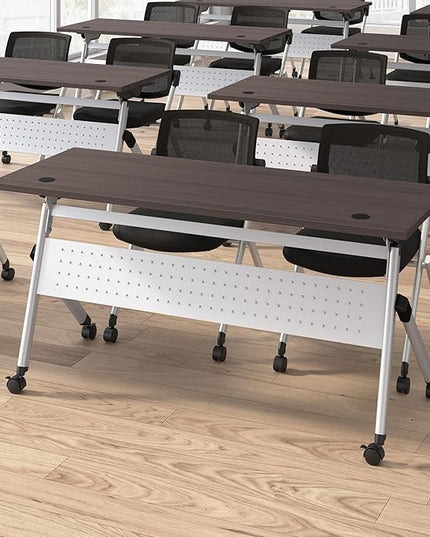 Bush Business Furniture Folding Training Table Set for 2, 72 inch Desk with Powered Grommets and 2 Chairs, Commercial-Grade Bundle for Office or Classroom, Envision Collection, Gray