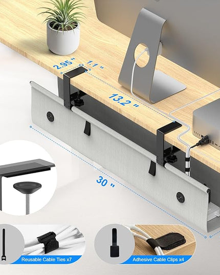 Under Desk Cable Management Tray, 30-inch No-Drill Cord Organizer with Anti-Sag Reinforced Base, Fabric Wire Management Hider for Standing Desk, Office & Gaming Accessories - Grey