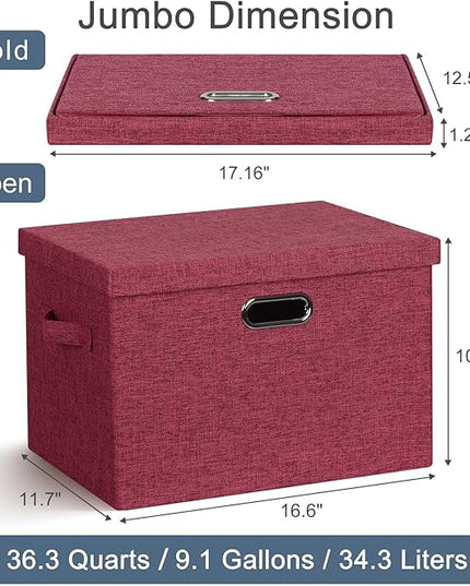 Large 17" 36 Quart Collapsible Stackable Storage Bins with Lids, 3 Packs Bright Red Linen Fabric Closet Boxes with Lids, Storage Cube Baskets Container Organizers for Office (17x12x11)